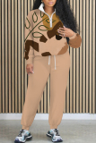 Brown Casual Girl Print Zipper Collar Long Sleeve Sweatshirt and Drawstring Sweatpants Two Pieces Sweatsuit Sets