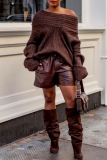 Brown Oblique Collar Off Shoulder Long Sleeve Casual Outing Fall Winter Knitted Sweater