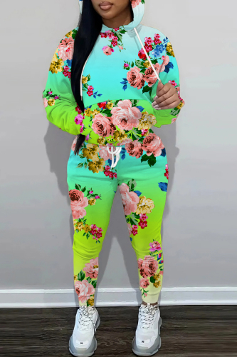 Green Floral Print Hooded Long Sleeve Sweatshirt and Drawstring Sweatpants Two Pieces Sweatsuit Sets
