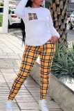 White O Neck Long Sleeve Sweatshirt And Plaid Skinny Pants Sportwear Casual Two Pieces Matching Sweatsuit Set