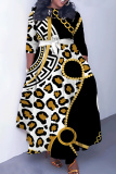 Black Coffee Casual Graphics Print O Neck 3/4 Sleeve Belted Waist Casual Outing Plus Size Straight Loose Maxi Dresses