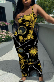 Black Yellow Sleeveless Casual Graphics Print Backless Spaghetti Strap Long Bodycon Maxi Slip Dress