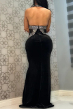 Black Formal Evening Party Prom Backless Mermaid Hem Long Hot Drill Bodycon Maxi Halter Dresses