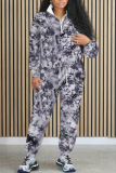 Grey Graphics Print Long Sleeve Zipper Collar Sweatshirt and Skinny Pant Casual Sportwear Oversized Two Piece Matching Sweatsuit Set