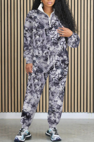 Grey Graphics Print Long Sleeve Zipper Collar Sweatshirt and Skinny Pant Casual Sportwear Oversized Two Piece Matching Sweatsuit Set