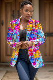 Fluorescent Green Casual Formal Office Graphcis Print Buttons Cardigan Turn-back Collar Long Sleeve Blazer Jackets