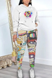 Sky Blue Cartoon Print Long Sleeve Hooded Sweatshirt And Pants Casual Sportwear Matching Sweatsuit Set