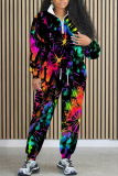 Grey Graphics Print Long Sleeve Zipper Collar Sweatshirt and Skinny Pant Casual Sportwear Oversized Two Piece Matching Sweatsuit Set