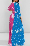 Blue Pink Snowflake Christmas Print Deep V Neck 3/4 Sleeve Belted Floor Length Plus Size Vacation Loose A Line Maxi Dress