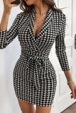 Black Formal Office Casual Houndstooth Print Belted Turndown Collar Long Sleeve Bodycon Mini Blazer Dresses