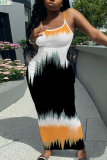 Black Yellow Sleeveless Casual Graphics Print Backless Spaghetti Strap Long Bodycon Maxi Slip Dress