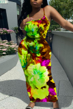 Black Yellow Sleeveless Casual Graphics Print Backless Spaghetti Strap Long Bodycon Maxi Slip Dress