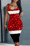 Claret Graphics Print Christmas Dress Sleeveless U Neck Knee Length Casual Outing Bodycon Vest Midi Dress