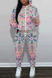 Purple Graphics Print Long Sleeve Zipper Hooded Sweatshirt And Pants Casual Sportwear Matching Sweatsuit Set