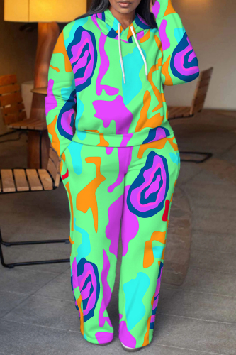 Brown Purple Graphics Print Long Sleeve Hooded Sweatshirt And Pants Casual Sportwear Matching Sweatsuit Set