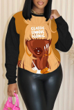 Dark Brown Casual Figure Print O Neck Long Sleeve Fall Winter Sweatshirt