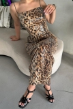 Leopard Sequin Evening Party Gown Sleeveless Backless Spaghetti Strap Slit Long Bodycon Glitter Prom Maxi Dress