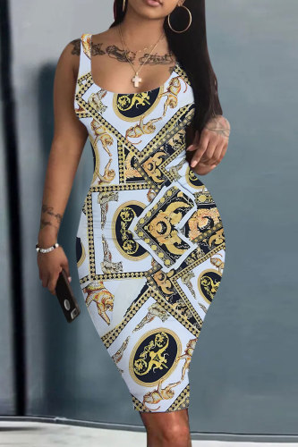 Purple Graphics Print Sleeveless U Neck Knee Length Casual Outing Bodycon Vest Midi Dress