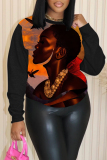 Dark Brown Casual Figure Print O Neck Long Sleeve Fall Winter Sweatshirt