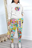 Sky Blue Cartoon Print Long Sleeve Hooded Sweatshirt And Pants Casual Sportwear Matching Sweatsuit Set