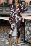 Blue Graphics Print Ruched V Neck Long Sleeve Front Slit Long Casual Formal Office Vacation Maxi Dresses