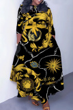 Black Coffee Casual Graphics Print O Neck 3/4 Sleeve Belted Waist Casual Outing Plus Size Straight Loose Maxi Dresses