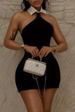 Black Sleeveless Backless Turndown Collar Wrapped Skirt Formal Evening Party Prom Bodycon Mini Dresses