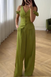 Light Green V Neck Sleeveless Pocket Buttons Vest Blazer And Wide Leg Pants Casual Formal Office Two Pieces Trouser Sets