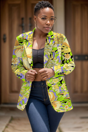 Fluorescent Green Casual Formal Office Graphcis Print Buttons Cardigan Turn-back Collar Long Sleeve Blazer Jackets