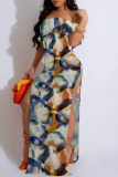 Black Geometric Flowers Print Sleeveless Backless Off Shoulder High Slit Floor Length Vacation Long Dresses