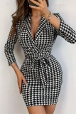 Black Formal Office Casual Houndstooth Print Belted Turndown Collar Long Sleeve Bodycon Mini Blazer Dresses