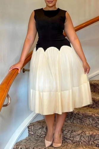 Black Formal Evening Party Prom O Neck Sleeveless Mesh A Line Midi Flowy Dresses