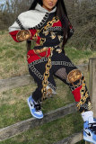 Brown Graphics Print Long Sleeve Hooded Sweatshirt And Pants Casual Sportwear Matching Sweatsuit Set
