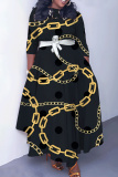 Black Coffee Casual Graphics Print O Neck 3/4 Sleeve Belted Waist Casual Outing Plus Size Straight Loose Maxi Dresses