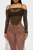 Color Casual Backless Ruched Long Sleeve Spaghetti Strap Crop Tops