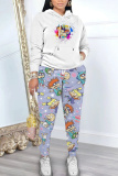 Sky Blue Cartoon Print Long Sleeve Hooded Sweatshirt And Pants Casual Sportwear Matching Sweatsuit Set