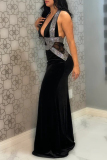 Black Formal Evening Party Prom Backless Mermaid Hem Long Hot Drill Bodycon Maxi Halter Dresses