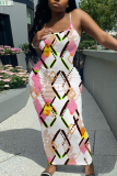 Black Yellow Sleeveless Casual Graphics Print Backless Spaghetti Strap Long Bodycon Maxi Slip Dress