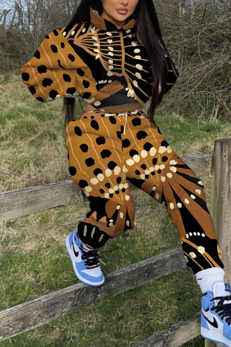 Brown Graphics Print Long Sleeve Hooded Sweatshirt And Pants Casual Sportwear Matching Sweatsuit Set
