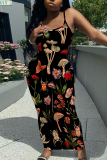 Dark Gray Sleeveless Casual Floral Print Backless Spaghetti Strap Long Bodycon Maxi Slip Dress