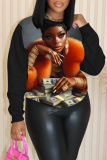 Dark Brown Casual Figure Print O Neck Long Sleeve Fall Winter Sweatshirt