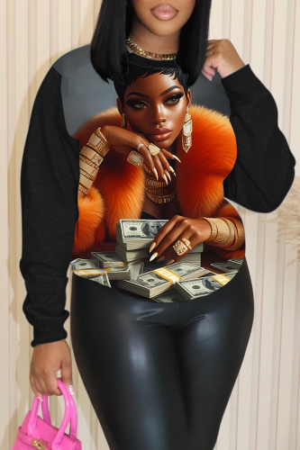 Dark Brown Casual Figure Print O Neck Long Sleeve Fall Winter Sweatshirt