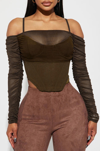 Color Casual Backless Ruched Long Sleeve Spaghetti Strap Crop Tops