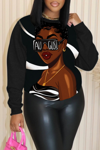 Dark Brown Casual Figure Print O Neck Long Sleeve Fall Winter Sweatshirt