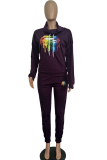 Black venetian Europe and America Lips Print Patchwork Two Piece Suits Solid Straight Long Sleeve