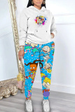 Sky Blue Cartoon Print Long Sleeve Hooded Sweatshirt And Pants Casual Sportwear Matching Sweatsuit Set