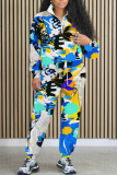 Grey Graphics Print Long Sleeve Zipper Collar Sweatshirt and Skinny Pant Casual Sportwear Oversized Two Piece Matching Sweatsuit Set
