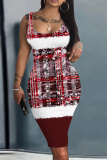 Claret Graphics Print Christmas Dress Sleeveless U Neck Knee Length Casual Outing Bodycon Vest Midi Dress