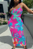 Dark Gray Sleeveless Casual Floral Print Backless Spaghetti Strap Long Bodycon Maxi Slip Dress