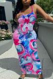 Dark Gray Sleeveless Casual Floral Print Backless Spaghetti Strap Long Bodycon Maxi Slip Dress